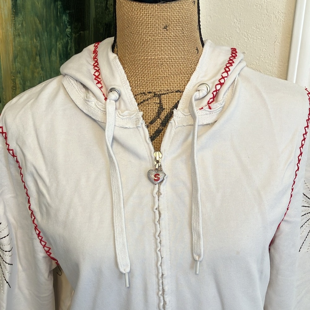 Vintage Y2k Rare Skechers White Embroidered Floral Stitched Zip Up Hoodie Xl View 3
